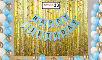Naveen decoration kit 33 pcs(10+10+10 pc Blue Silver and Gold Metallic Balloons, 1 set Blue Happy Birthday Banner, 2 pc Gold Foil Curtain)