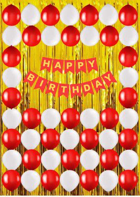 Naveen decoration kit 53 pcs (25+25 pcs Red and White Metallic Balloons, 1 set Red Happy Birthday Banner, 2 pc Foil Curtain)