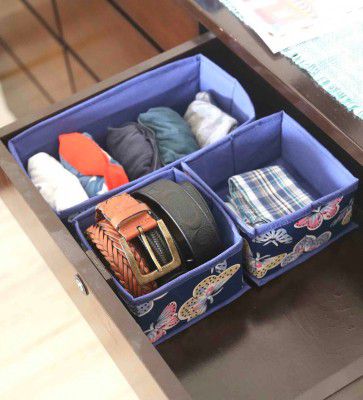 Navy Blue Polyester Foldable Butterfly Printed Drawer Organisers