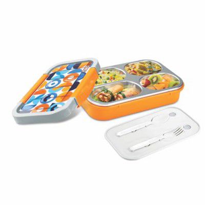 Nayasa Autobot 4 Compartment Vaccum Sealed Insulated Stainless Steel Lunch Box | 700 ml | Orange