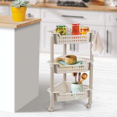 Nayasa Corner Trolley 3 Layers | Kitchen Organizer | Stand for Kitchen | Kitchen Shelf Organizer | Vegetable Basket for Onion,Potato |Vegetable Trolley with Wheels | 39.5 X 28 X 64 cm | Beige