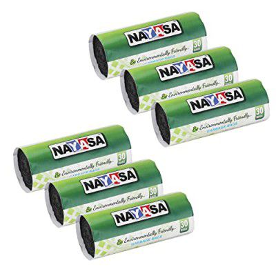 Nayasa Disposable Enviorment Friendly Garbage Bags- Pack Of 6 With 30 Piece Roll, Medium Size Bags, Size 48cm X 53 cm, Black