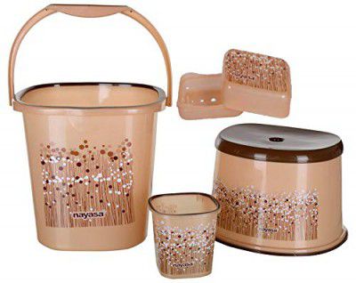 Nayasa Funk Bathroom Set 4-Pieces - Bucket (25 litres) with Mug (1.5 litres), Stool & Soap Case, Brown | Bathroom Accessory Set(Plastic)