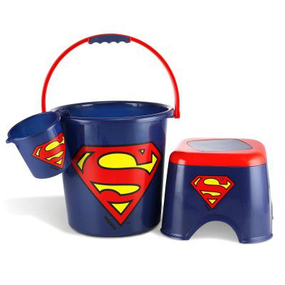 Nayasa Kids Bathroom Superman Set of 3 | Bucket, Mug and Stool Combo | Blue