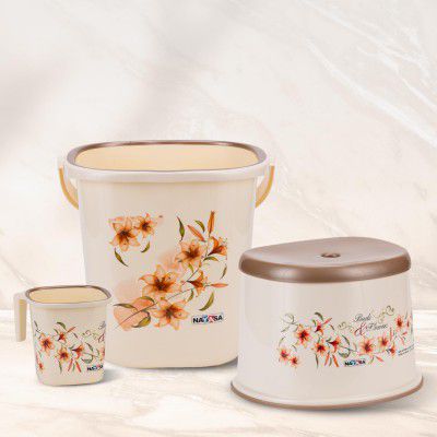 Nayasa Plastic Sqr DLX 3 Pcs Bathroom Set | Bucket 18 L + Mug 1.5 L + 508 DLX Stool