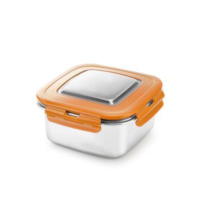 Nayasa Square Eco Lock 230 ml Stainless Steel Lunch Box | Leak Proof Tiffin Box with 4 Side Clip Lock - Set of 2 | Orange