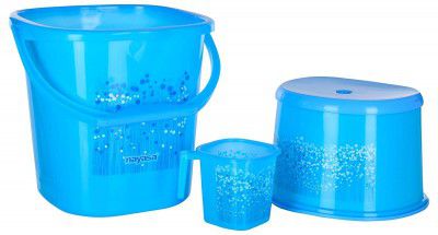 Nayasa Square Ring Funk Plastic Bucket Set | 18 Liters Bucket & 1.5 Liters Mug | Set of 3 | Accessories Set | Blue