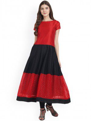 Nayo Women Red & Black Embellished Tiered A-Line Kurta