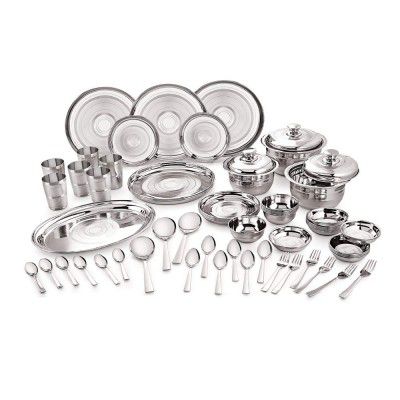 Neelam Stainless Steel 24 Gauge Diamond Touch Dinner Set, 61 pcs, Silver