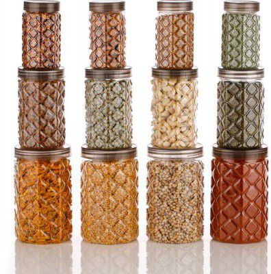 Neki Pack of 12 Plastic Cookie Jar  - 350 ml, 650 ml, 1200 ml Multicolor