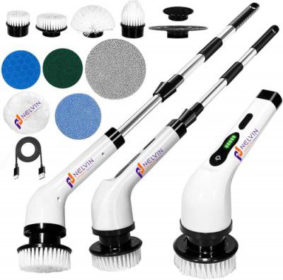 NELVINEXPORTS Electric Spin Scrubber, Cleaning Brush Scrubber for Home, 400RPM/Mins-9 Replaceable Brush Heads-90Mins Work Time, 3 Adjustable Size, 2 Adjustable Speeds