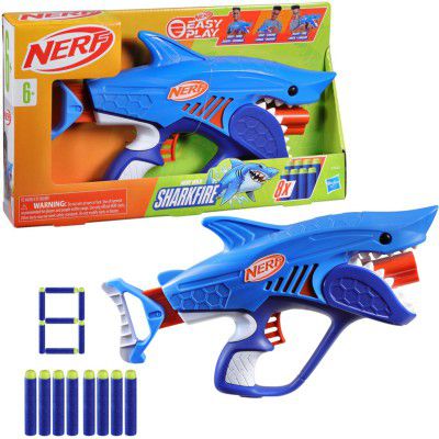 Nerf Junior Wild Sharkfire, Easy Play Dart Blaster, 8 Elite Darts, Age 6+ Guns & Darts (Multicolor)