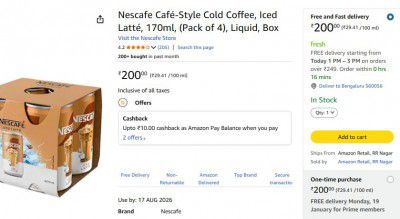 Nescafe Café-Style Cold Coffee, Iced Latté, 170ml, (Pack of 4)