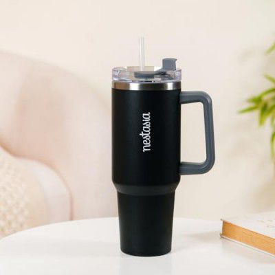 Nestasia 1.2L Tumbler With Handle Straw & Lid | Insulated Reusable Stainless Steel Water Bottle | Leak Proof Mug For Office, Gym, Travelling (Black), 1200 Milliliters