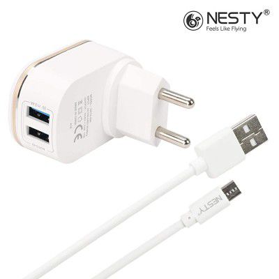Nesty GRTA-009 3.4 Amp Dual Port USB Charger with V8 Data Cable (White)
