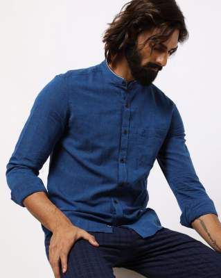 NETPLAY Textured Band Collar Shirt with Patch Pocket