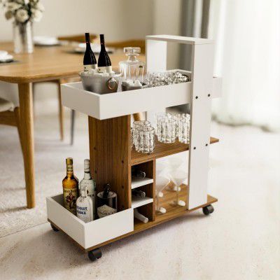 Neuspace Barista Bar Trolley 3-Tier Engineered Wood Rolling Bar Cart - White and Leon Teak Finish