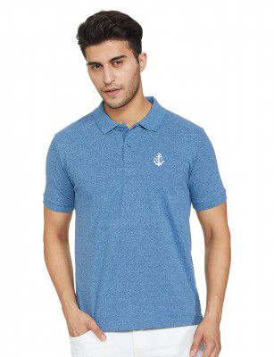 NEWPORT Men Blue Cotton Heathered Polo Shirt