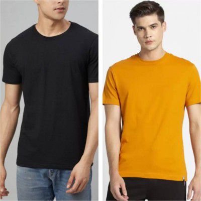 Neww Pack of 2 Men Solid Round Neck Cotton Blend Black, Yellow T-Shirt