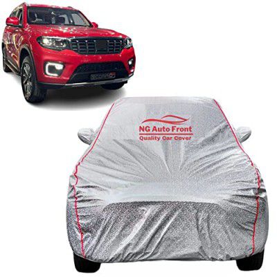 NG Auto Front 100% Waterproof Fully Body Car Cover for Mahindra Scorpio-N (All Models Compatible) Heat Resistant,Triple Stitch, 2 Buckle with Strong Strap (Silver & Red)