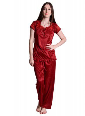 Nightdoll Womens Soft & Smooth Satin Solid Nightwear Night Suit Shorts Sleeve Top & Payjama Set