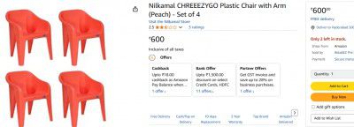 Nilkamal CHREEEZYGO Plastic Chair with Arm (Peach) - Set of 4