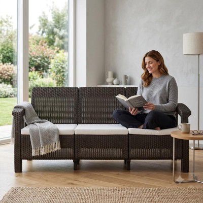 [Extra Rs.3915 OFF] Nilkamal Goa 3 Seater Balcony Sofa with Cushion|Indoor & Outdoor Furniture|Patio Chair Three Seater| Perfect for Gardens Poolside Cafes Restaurants and Terraces Weathered Brown, Pl