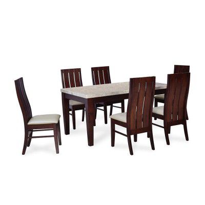 Nilkamal @Home By Ashton 6 Seater Solid Wood Dining Table Set with Chairs in Milky White & Walnut Finish for Kitchen & Dining Room