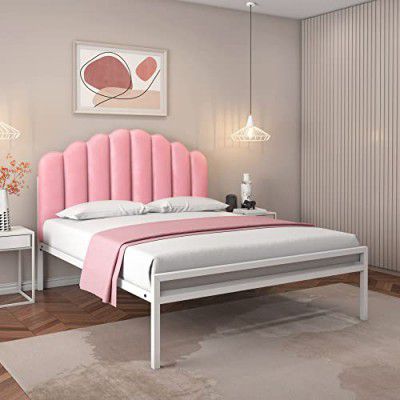 home By Nilkamal Lotus Upholstered Headboard Without Storage Queen Bed in Pink & White Finish | 1 Year Warranty