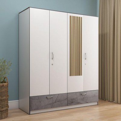 Nilkamal Marbito 4-Door Wooden Wardrobe with Mirror for Bedroom|Engineered Wood Build|Clothes Cupboard|2 Drawers with Marble Finish|Hanging Rod, A Lockable Drawer & 8 Shelves for Storage|Frosty White