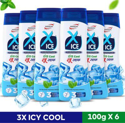 Nimson X-ICE Thanda Cool Loo Rakshak Prickly Heat Talcum Powder with 3 Benefits (6 x 100 g)