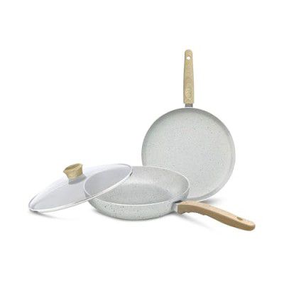 NIRLEP Joy Series 25 cm Tawa & 20cm Frying Pan with Glass lid Set|Granite Non-Stick Set| Induction Base| Easy Cooking| Easy to Clean| Soft Touch Handles | Cookware Set| 1-Yr Warranty by Bajaj| Grey