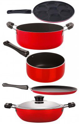 Nirlon 2 Layer Coated Non-Stick 5 Piece Aluminium Pots and Pans Cooking Essential Set