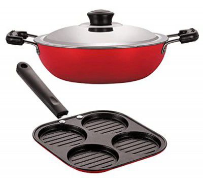 NIRLON 2 Pieces Nonstick Gas Stove Friendly Aluminiun Cookware Set of Casting Uttapam-4 Cavity & Deep Kadhai(M)-2.2 LTR