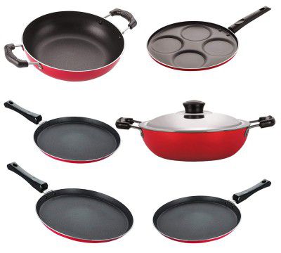 Nirlon 3 Layer Coated Non Stick Aluminium Pots and Pans Cooking Item Gift Set of 6 Pieces (2.6mm_FT13_FT12_KD13_DKDB_FT10_UP4) Red