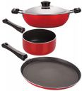 NIRLON 3PC Aluminium Non Stick COOKWARE Set Flat TAWA, DEEP KADAI with LID, Sauce PAN (RED &Black)...