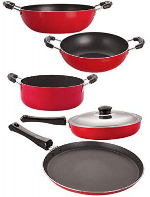 Nirlon 5 Piece Flat Base Non-Stick Coated Cookware Set with Steel Lid
