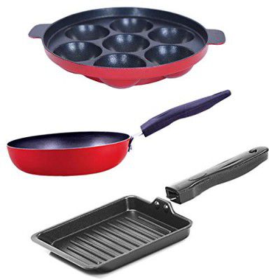 NIRLON Aluminium Non Stick Cookware Gas Stove Compatible Appam Patra/Tadka Pan & Mini Grill Toast Pan Combo Set of 3 Pcs (Red)
