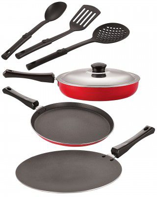Nirlon Aluminium Nonstick Coated 6 Pcs Set of Concave Tawa-27.5cm,Fry Pan-20cm,Flat Tawa-27cm,3 Spoon (2.6mm_CT11_FP10_FT12_3SPN)