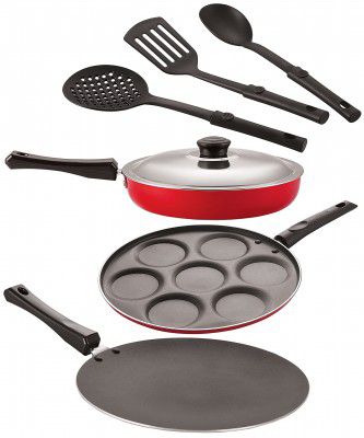 Nirlon Aluminium Nonstick Coated 6 Pcs Set of Concave Tawa-28.5cm,Fry Pan-20cm,Uttapam-7 Cavity & 3 Spoon (2.6mm_CT12_FP10_UP7_3SPN)