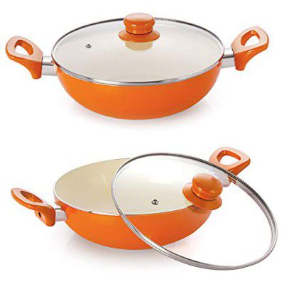 NIRLON Ceramic Induction Base Non-Stick Aluminium Kadhai Set with Glass Lid - Orange