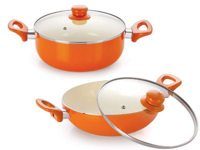 NIRLON Ceramic Non Stick Induction Aluminium Kadhai And Casserole With Glass Lid - Set Of 2 (Orange, 2.1L, 2.1 Liter)