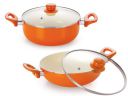 NIRLON Ceramic Non Stick Induction Aluminium Kadhai And Casserole With Glass Lid - Set Of 2 (Orange, 2.1L, 2.1 Liter)...
