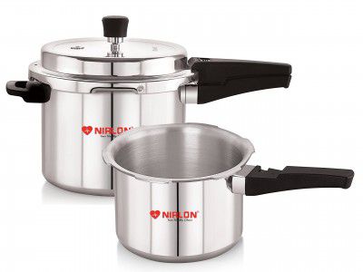 NIRLON Combo Induction Base Outer Lid Aluminium Pressure Cooker, 3 and 5 Liters with Common Lid, Silver