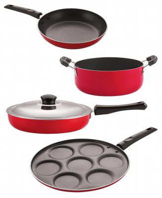 NIRLON Gas Compatible Non Stick Aluminium Cookware Set, 4 Pieces (FP10_TP22_UP7_CS24)