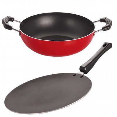 NIRLON Gas Compatible Non Stick Aluminium Deep Kadhai and Concave Roti Tawa Combo (Kadhai 14cm,Concave Tawa 17.5cm)
