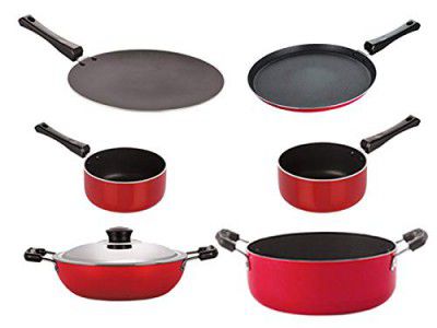 Nirlon Gas Compatible Non-Stick Non Induction Aluminium Cookware Set of 6 Pieces (CT12_DKDB_SPM_SPB_Cass20_FT12)