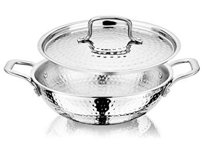 NIRLON Hammered Triply Stainless Steel Deep Kadai/Wok/Kadhai with Stainless Steel Lid | 26cm | Silver (Induction and Gas Stove Friendly)