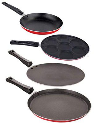 Nirlon Non-Stick 4 Piece Gas Compatible PFOA Free Kitchenware Essential Gift Item, Red and Black