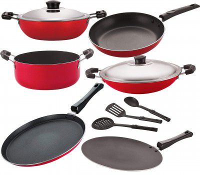 Nirlon Non-Stick Aluminium Cookware Set, 9-Pieces, Red [FT13_FT12_DKDB_CHATTI_Cass20_TP24_3SPN]